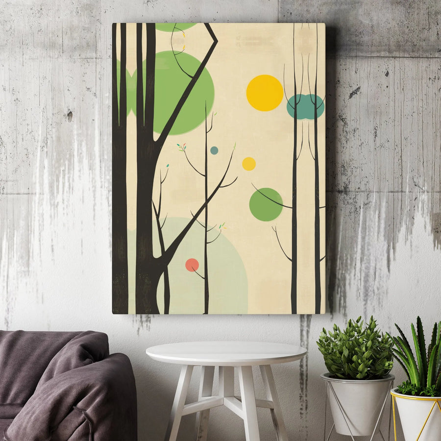 Mid-Century Modern Forest Vertical Canvas | Retro Geometric Tree & Sun Art | Premium 1.25 Inch Gallery Wrap | Minimalist Living Room Wall Decor Gift