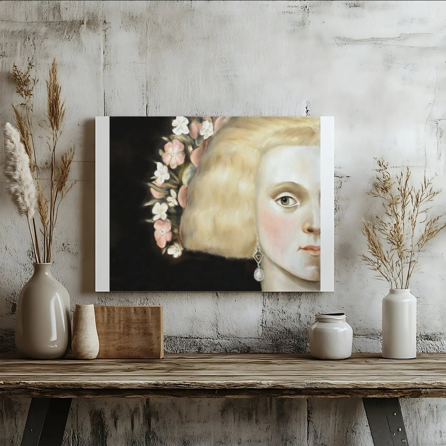 Classical Woman Portrait Canvas | Half Face Painting with Flowers | Premium Fade-Resistant Print | Vintage Style Home Decor Gift for Art Lover