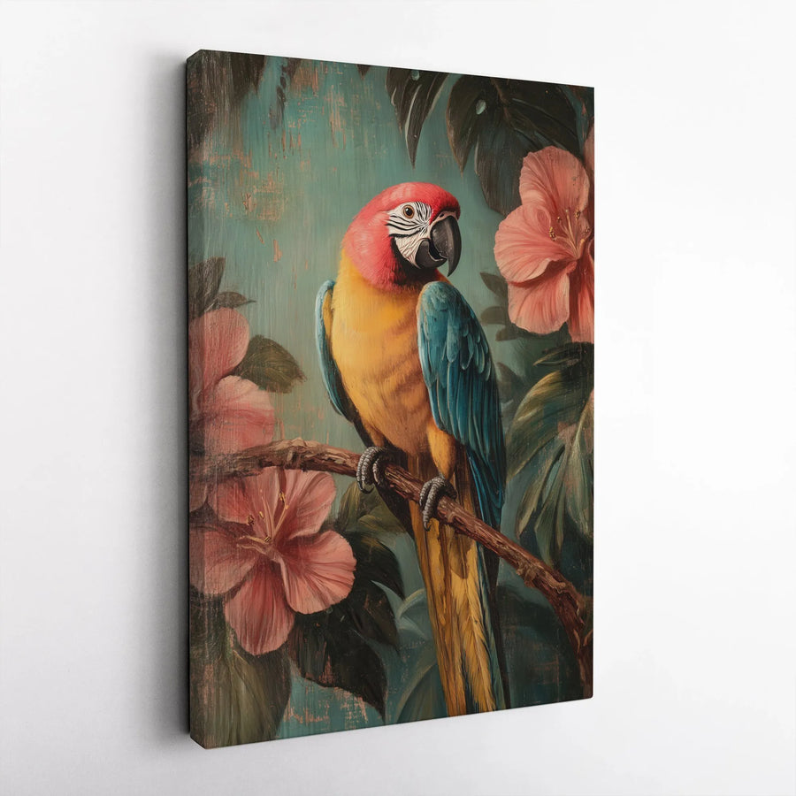 Tropical Scarlet Macaw Canvas Wall Art | Vintage Parrot with Hibiscus Flowers | Premium Gallery-Wrapped Decor | Exotic Bird Nature Gift for Home