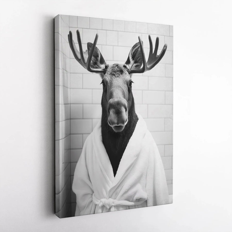 Moose In Bathrobe Canvas Wall Art | Funny Bathroom Decor | Premium Fade-Resistant Print | Quirky Animal Portrait For Home Office