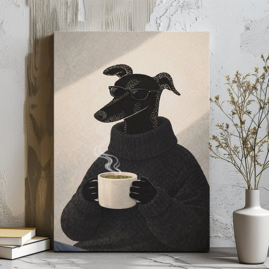 Greyhound Dog Coffee Wall Art | Stylish Whippet In Sweater And Sunglasses | Premium Gallery Wrapped Canvas | Quirky Animal Portrait Decor Gift