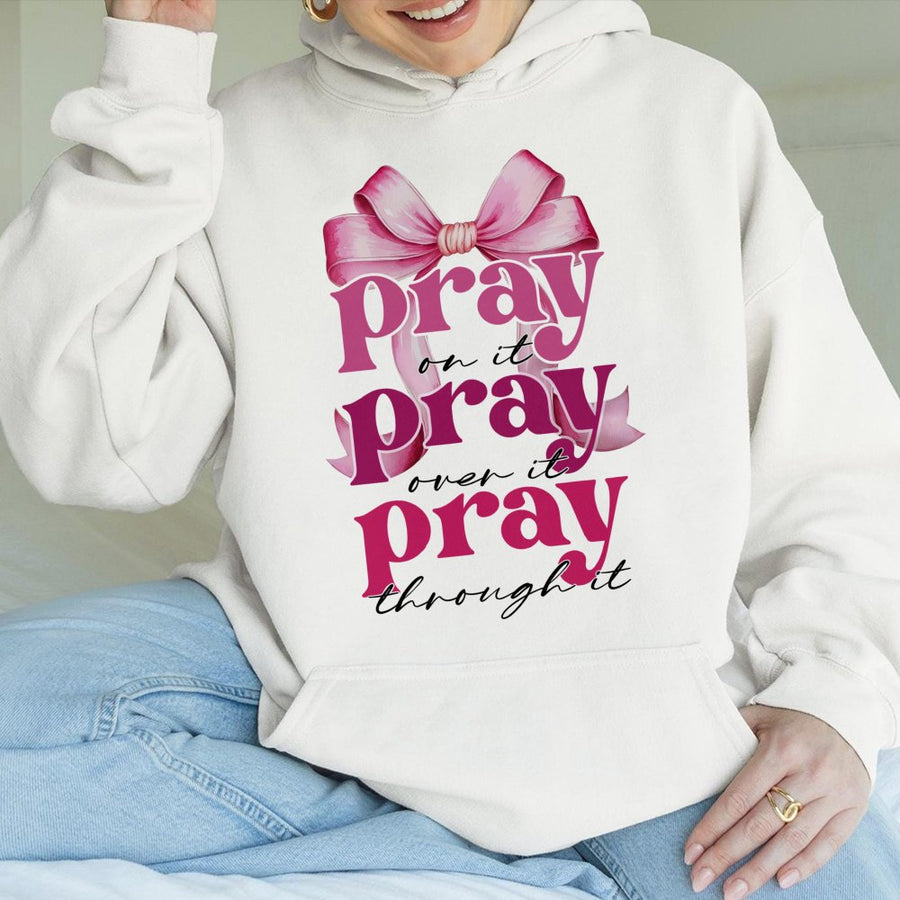 Pray On It Hoodie | Coquette Pink Bow Graphic | Premium Cotton Blend | Christian Faith Gift for Women & Teens