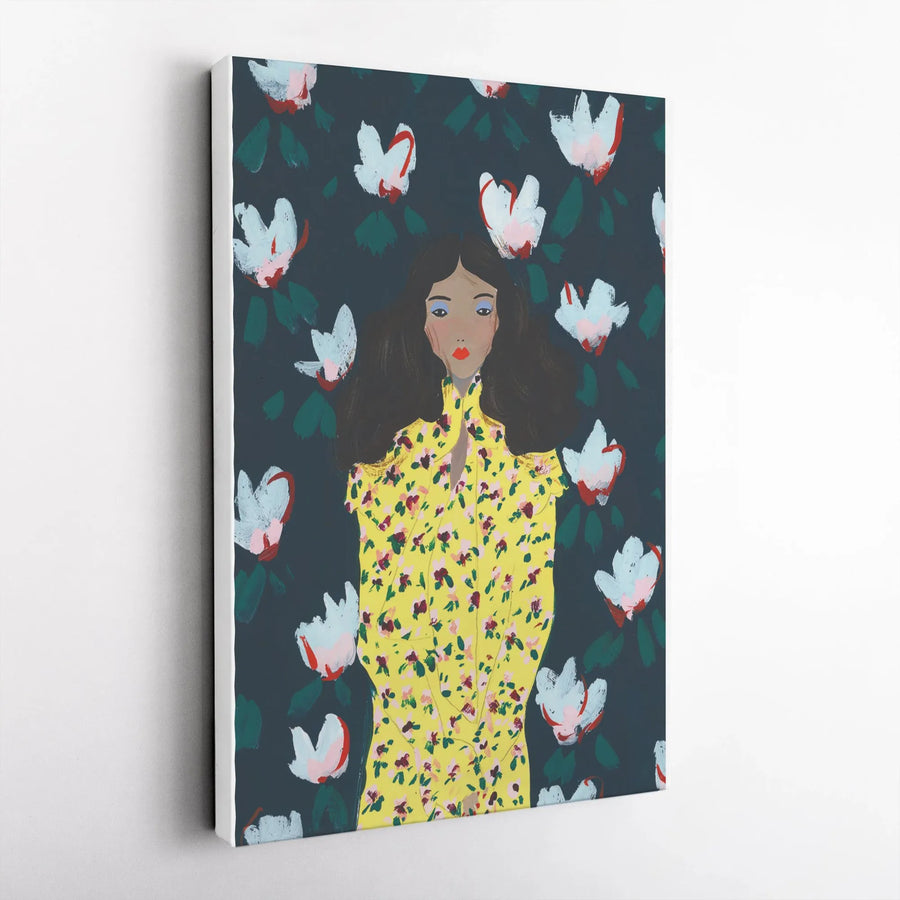 Floral Woman Canvas Wall Art | Modern Painterly Portrait in Yellow Dress | Premium Gallery Wrapped Canvas | Boho Home Decor Gift for Her