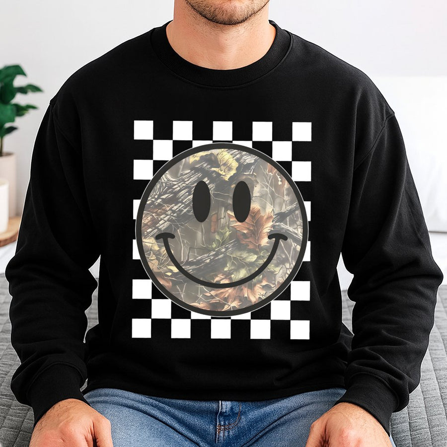 Camo Smiley Face Sweatshirt | Retro Checkered Happy Face Print | Premium Cotton Blend | Aesthetic Unisex Gift for Women and Men