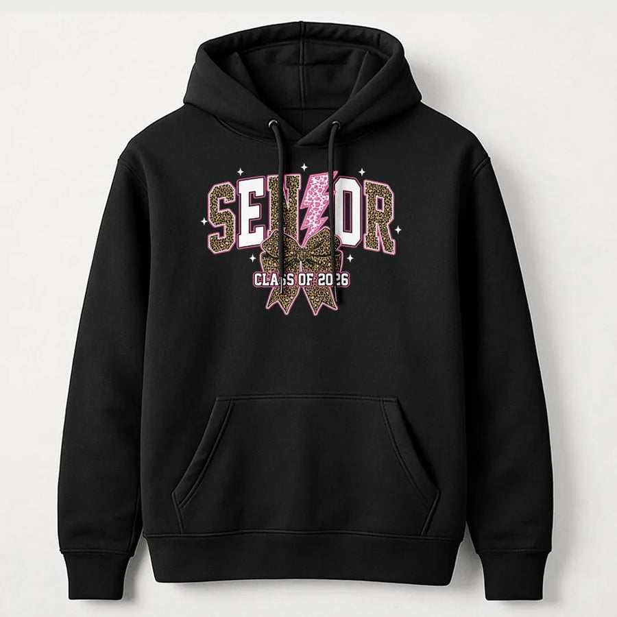 Senior 2026 Hoodie | Leopard Print Lightning Bolt & Bow Graphic | Premium Cotton Blend | Graduation Gift for High School Student