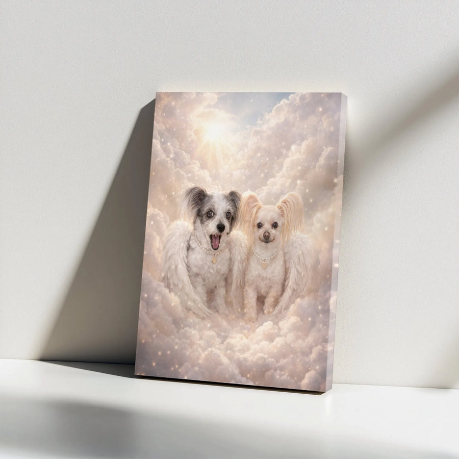 Dog Memorial Canvas Print | Two Dogs with Angel Wings in Heaven | Premium Gallery Wrapped Wall Art | Pet Loss Sympathy Gift for Dog Lover