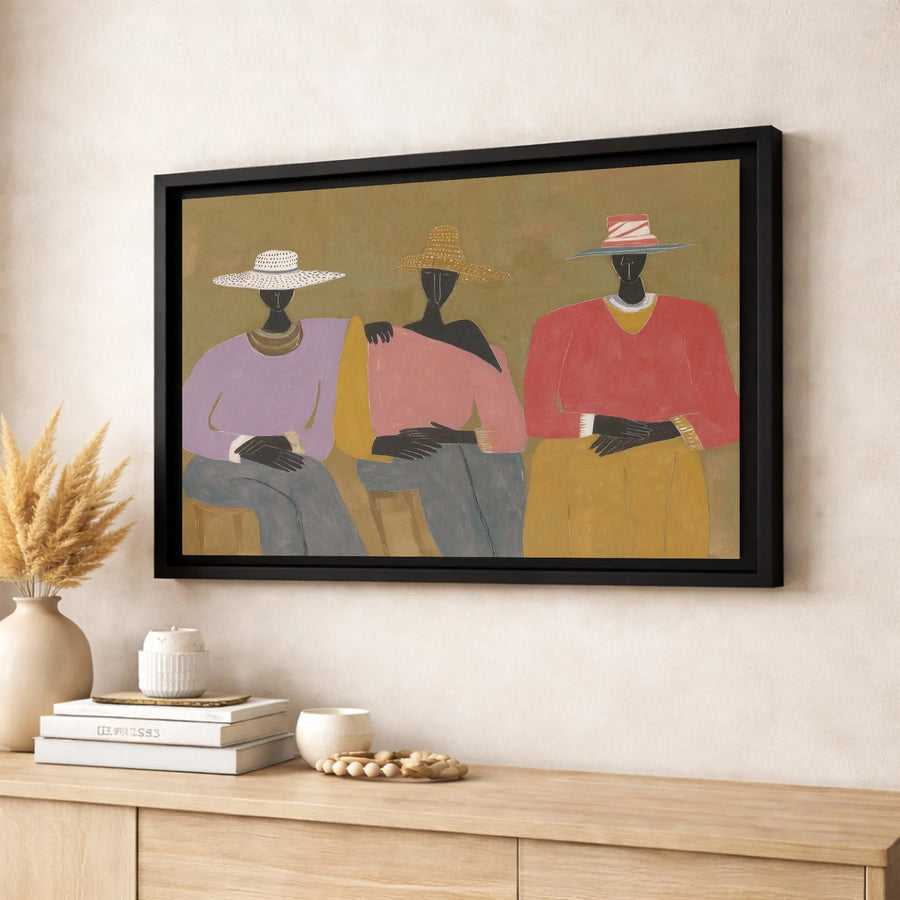 Modern Abstract Figurative Canvas Art | Three Seated Women In Hats | Gallery Wrapped Premium Print | Boho Living Room Wall Decor