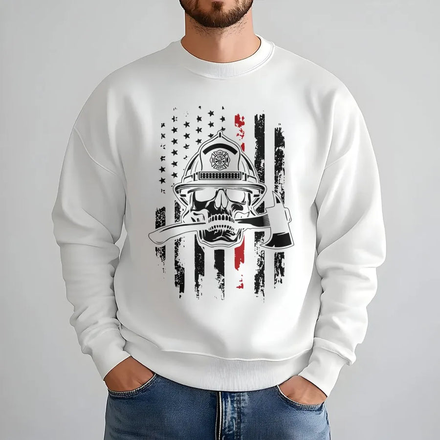 Firefighter Skull Sweatshirt | Thin Red Line Flag Axe Graphic | Premium Cotton Blend | Gift for Fireman Fire Dept Pride Hero Apparel