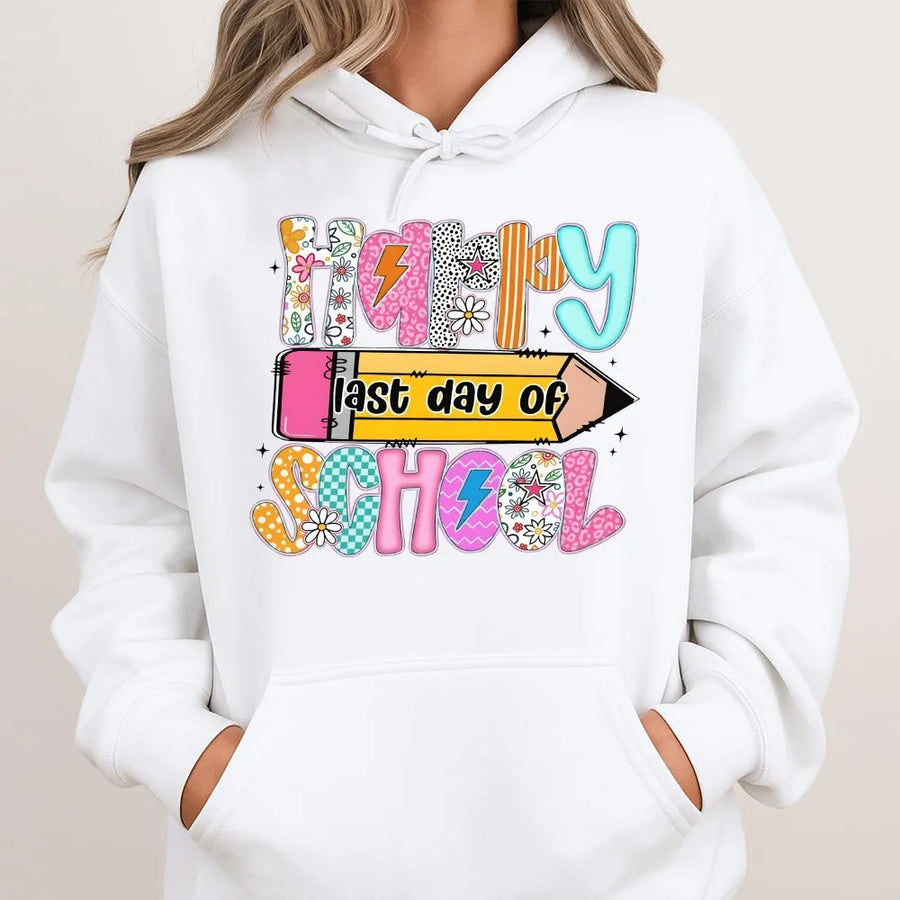 Happy Last Day of School Hoodie | Colorful Retro Graphic Sweatshirt | Premium Cotton Blend | End of Year Gift for Teacher