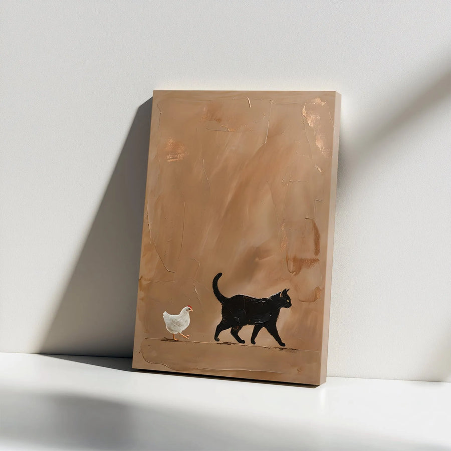 Black Cat and Chicken Canvas Wall Art | Minimalist Textured Animal Print | Premium Thick Gallery Canvas | Unique Gift for Modern Farmhouse Decor