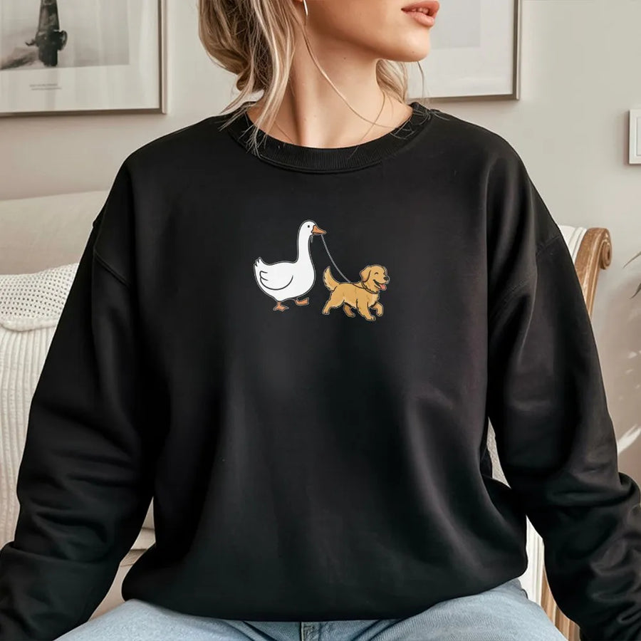 Silly Goose Golden Retriever Sweatshirt | Funny Goose Walking Dog Graphic | Premium Cotton Blend | Gift for Dog Lover