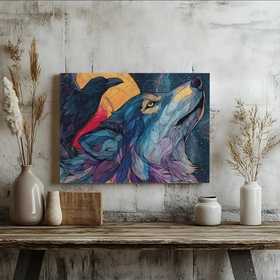 Wolf And Raven Canvas Wall Art | Stylized Galaxy Spirit Animal Decor | Premium Fade-Resistant Print | Wildlife Lovers Gallery Gift