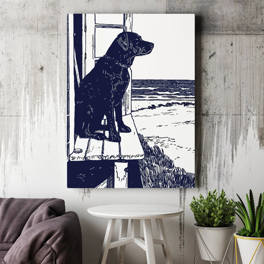 Black Labrador Canvas Wall Art | Coastal Beach Dog Sketch Print | 1.25 Inch Gallery Wrap | Premium Pet Lover Gift Home Decor