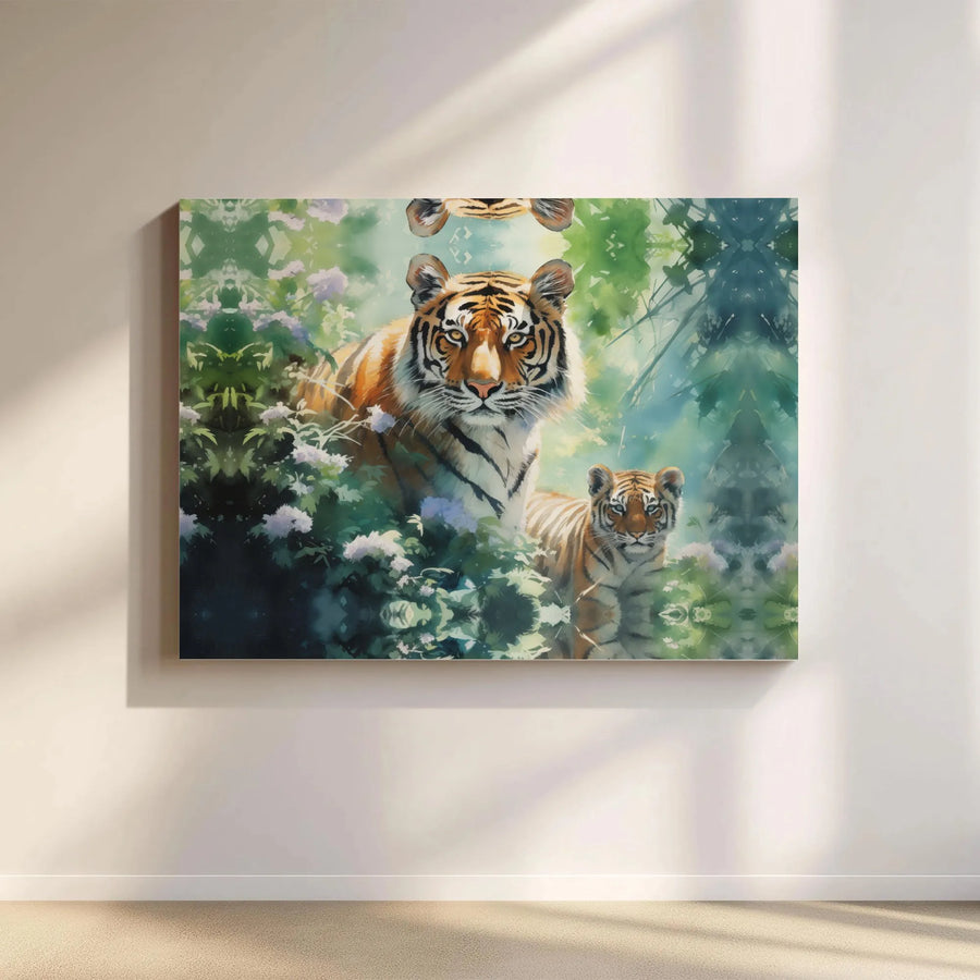 Tiger and Cub Canvas Print | Watercolor Jungle Wildlife Art | Gallery-Quality 1.25-Inch Profile | Nature Lover Home Decor Wall Gift