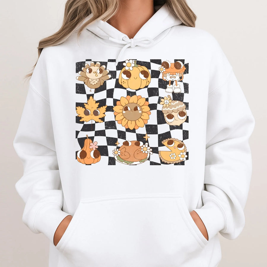 Retro Thanksgiving Hoodie | Groovy Checkered Fall Pumpkin Design | Premium Cotton Blend | Funny Autumn Holiday Gift for Women and Men