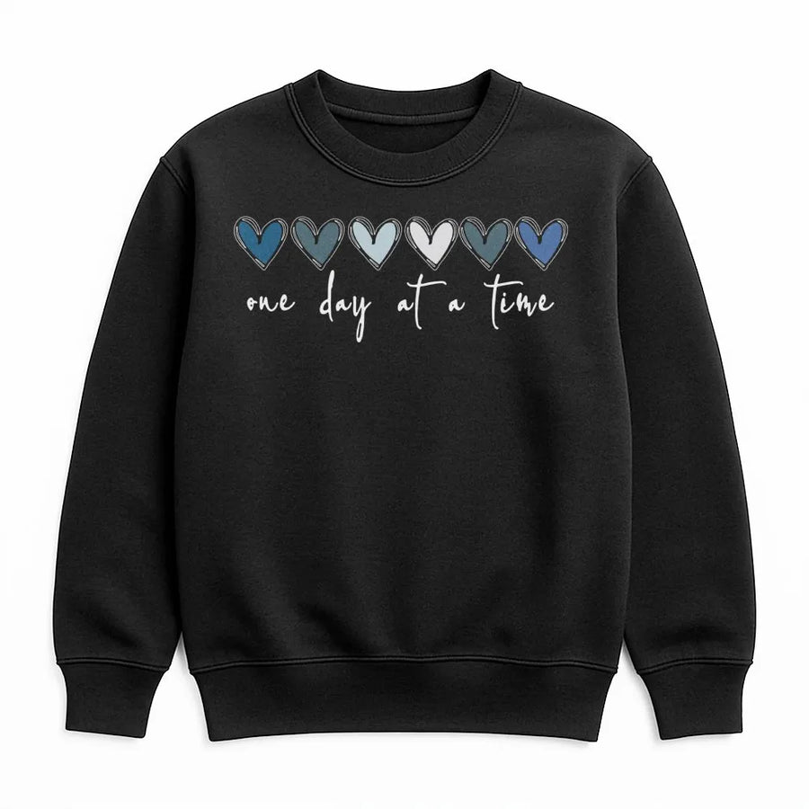 One Day At A Time Sweatshirt | Mental Health Awareness Heart Graphic | Premium Cotton Blend Crewneck | Inspirational Wellness Gift For Her