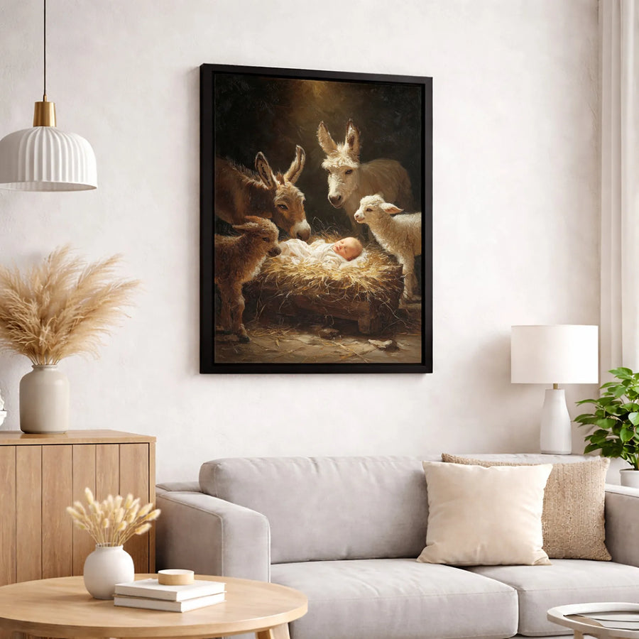 Nativity Scene Canvas Print | Baby Jesus With Donkeys and Lambs | Premium Gallery-Wrapped Wall Art | Christian Religious Holiday Decor Gift