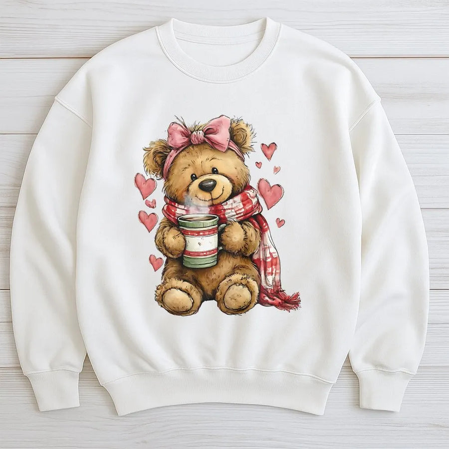Valentine Teddy Bear Sweatshirt | Cozy Coquette Bow Illustration | Premium Cotton Blend | Romantic Gift for Her & Couples