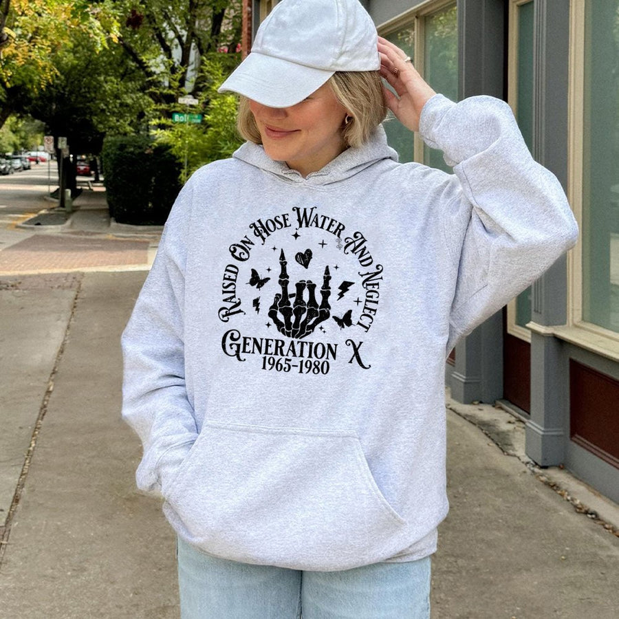 Generation X Hoodie | Raised On Hose Water And Neglect Graphic | Premium Cotton Blend | Funny Gen X Birthday Gift For Women And Men