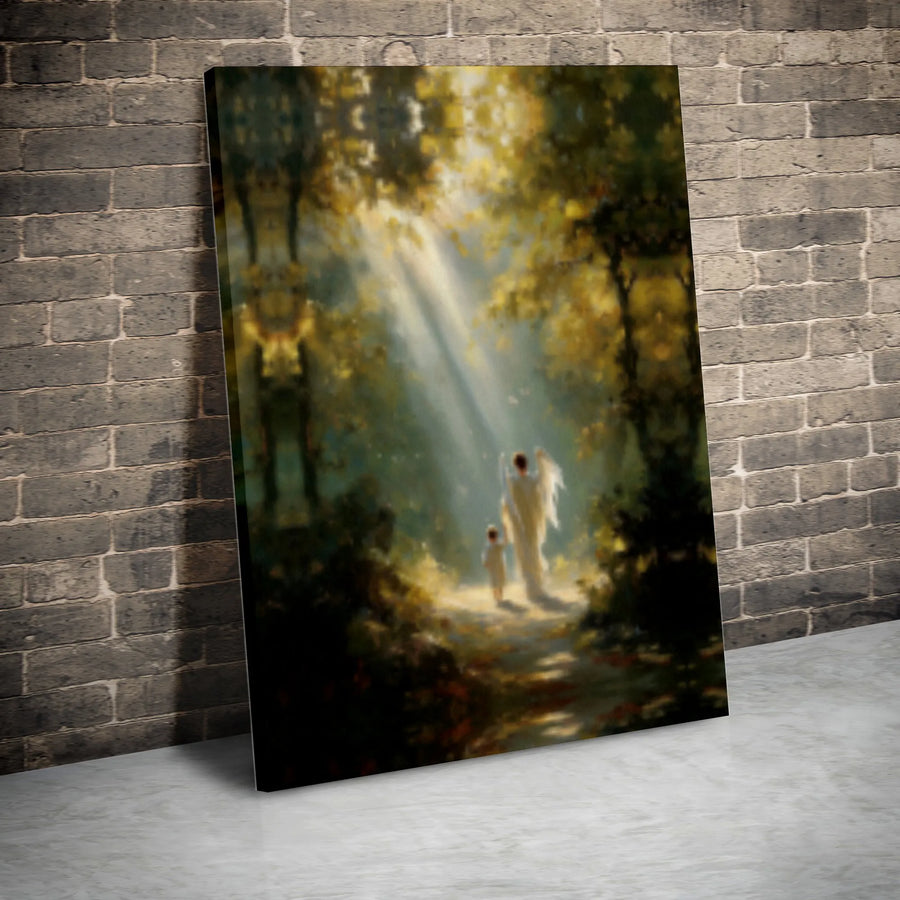 Guardian Angel Canvas Print | Walking with Child in Forest | Gallery Wrapped Wall Art | Spiritual Religious Gift for Nursery or Home Decor