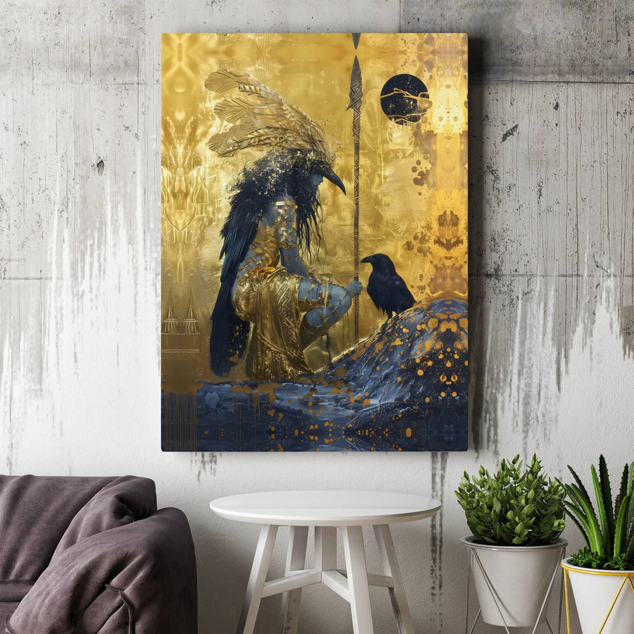 Golden Raven Goddess Canvas Wall Art | Mythological Warrior Queen Print | 1.25-Inch Gallery Wrap | Fantasy Decor for Living Room or Office