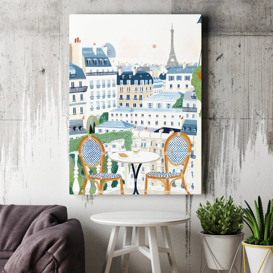 Paris Balcony Canvas Art | Eiffel Tower Cafe Illustration | Premium Gallery Wrapped Print | French Home Decor Gift