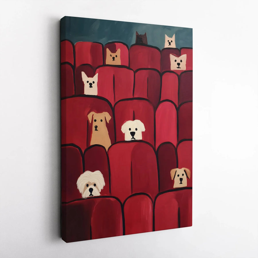 Funny Dogs in Movie Theater Vertical Canvas | Whimsical Animal Cinema Art Print | Premium Gallery Wrapped Canvas | Gift for Dog Lover and Movie Buff