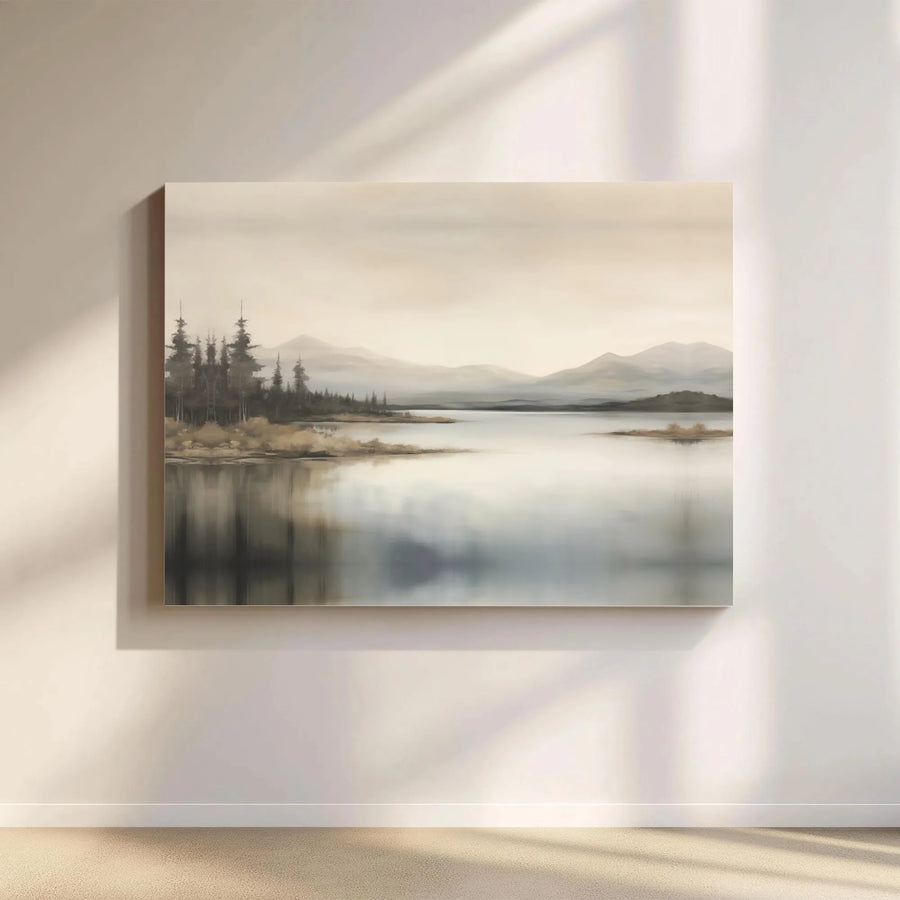 Misty Lake Landscape Canvas Wall Art | Neutral Mountain Scenery Print | Gallery-Quality Framed Canvas | Modern Minimalist Home Decor