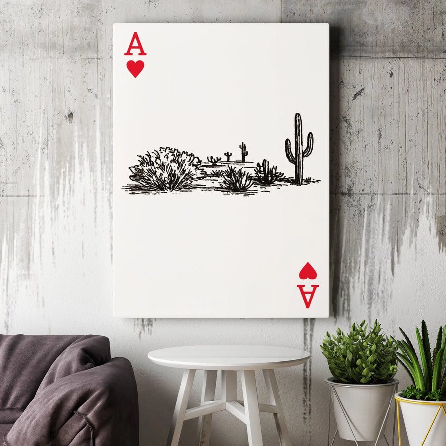 Ace Of Hearts Canvas Wall Art | Desert Cactus Sketch Illustration | Premium Gallery Wrap Decor | Southwest Boho Gift For Home Office