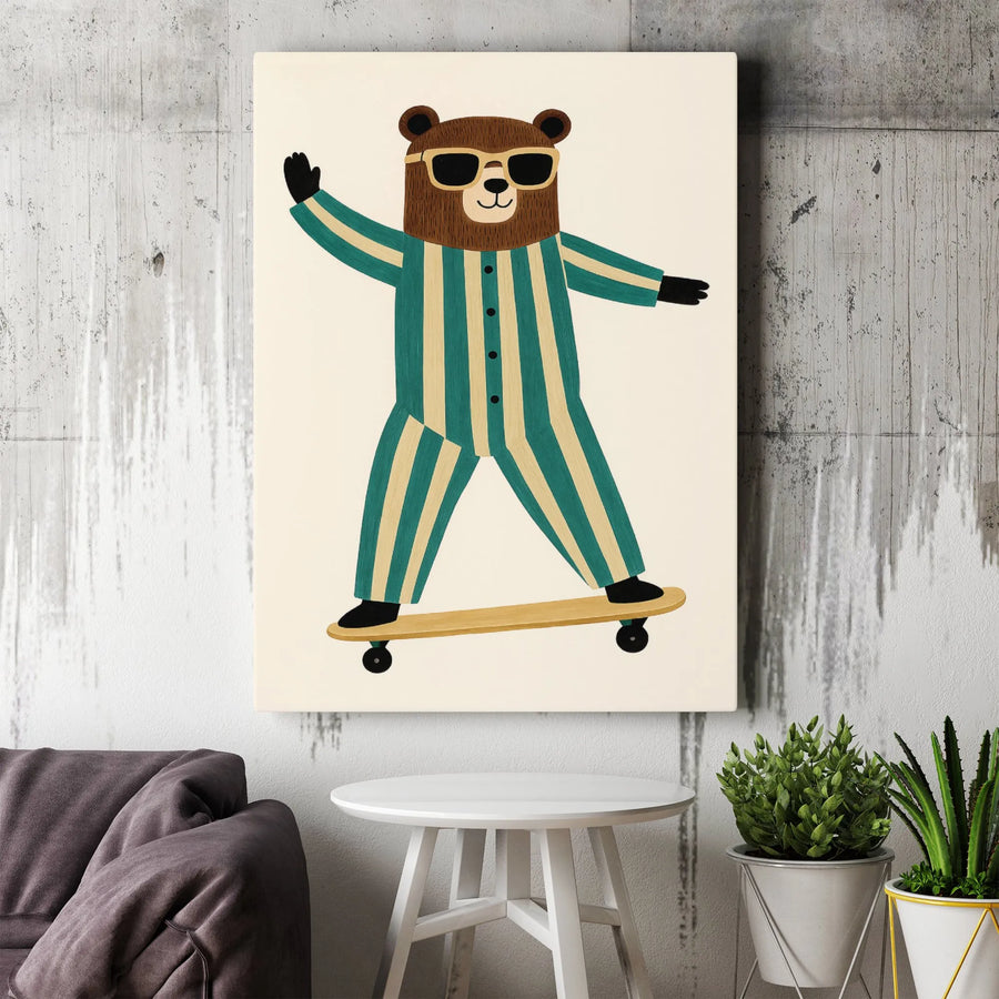 Skateboard Bear Wall Art | Whimsical Animal in Striped Pajamas | Premium Gallery Wrapped Canvas | Nursery Decor or Quirky Office Gift