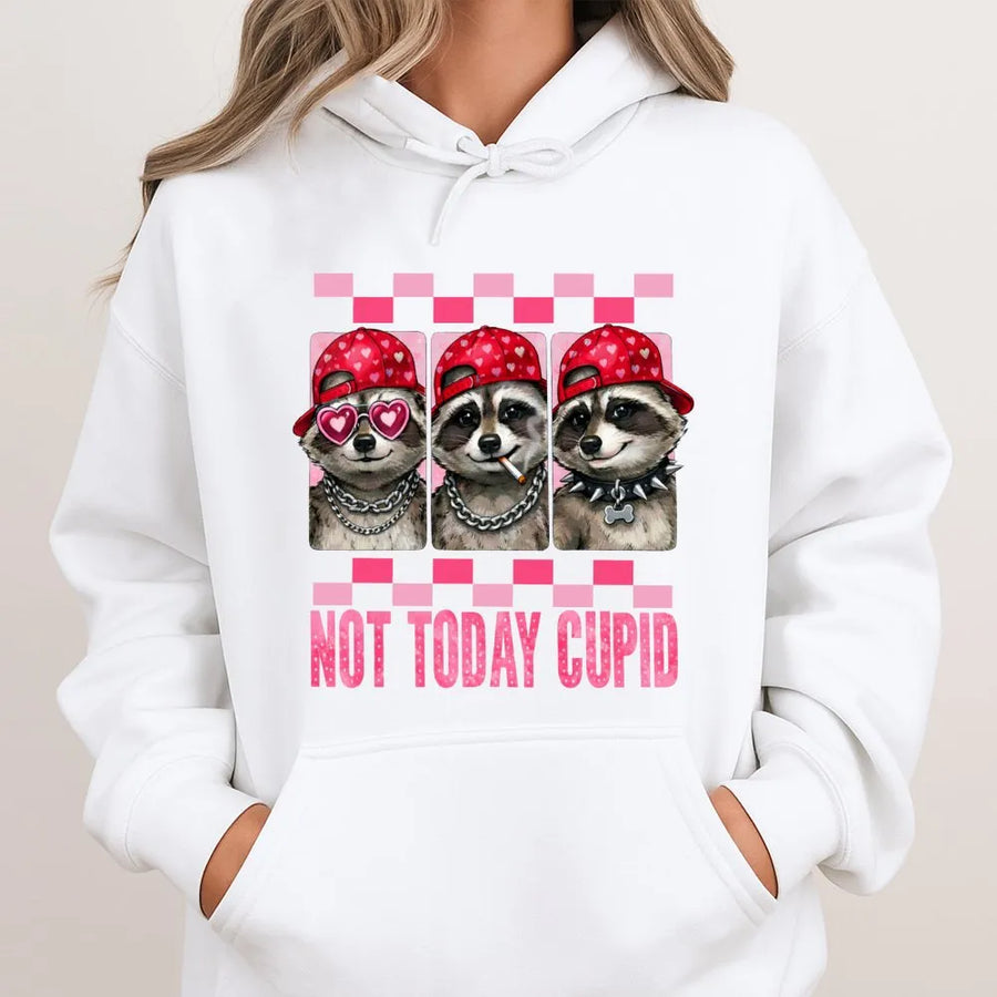 Anti Valentine Raccoon Hoodie | Funny Not Today Cupid Graphic | Soft Cotton Blend Pullover | Sarcastic Valentines Day Gift for Singles