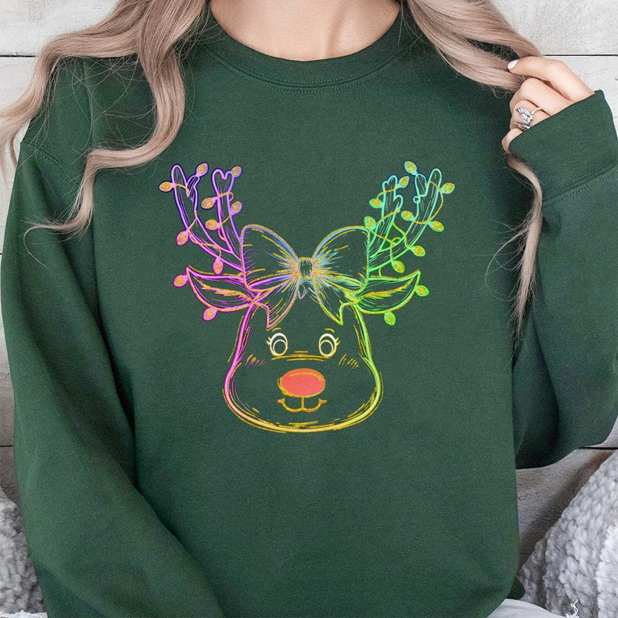 Neon Reindeer Christmas Sweatshirt | Coquette Bow Holiday Graphic | Soft Cotton Blend Crewneck | Cute Festive Winter Gift for Women