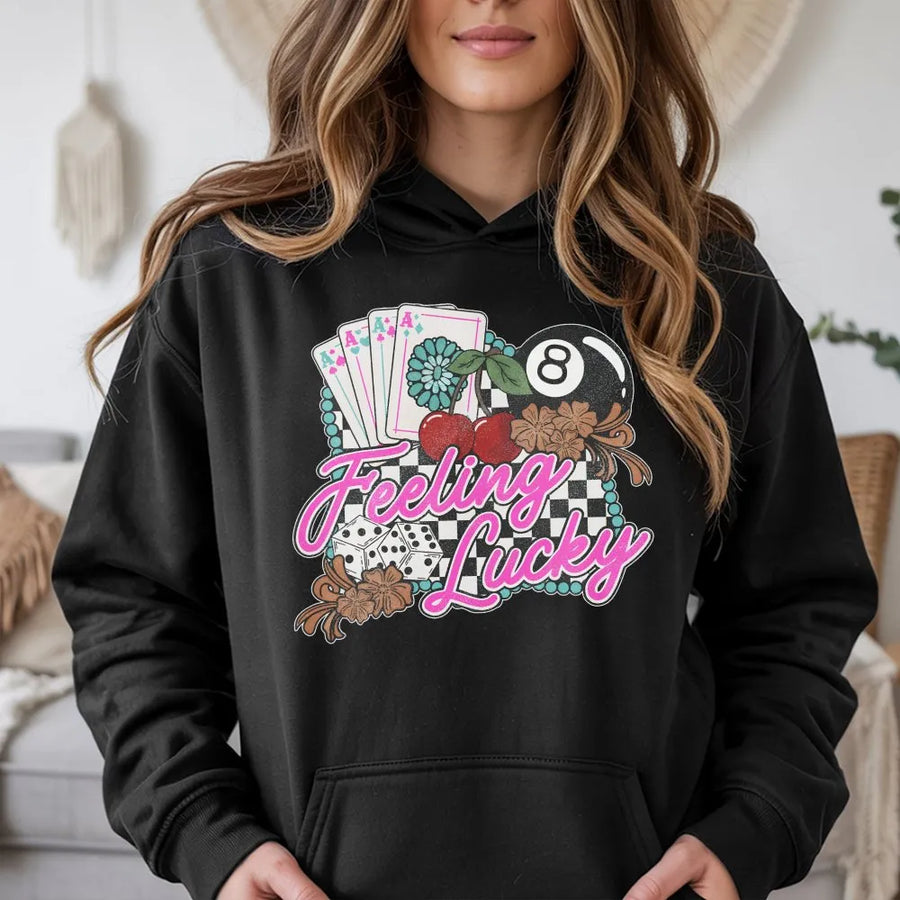 Feeling Lucky Western Hoodie | Retro Checkered Casino Graphic | Premium Cotton Blend | Vintage Cowgirl Rodeo Gift