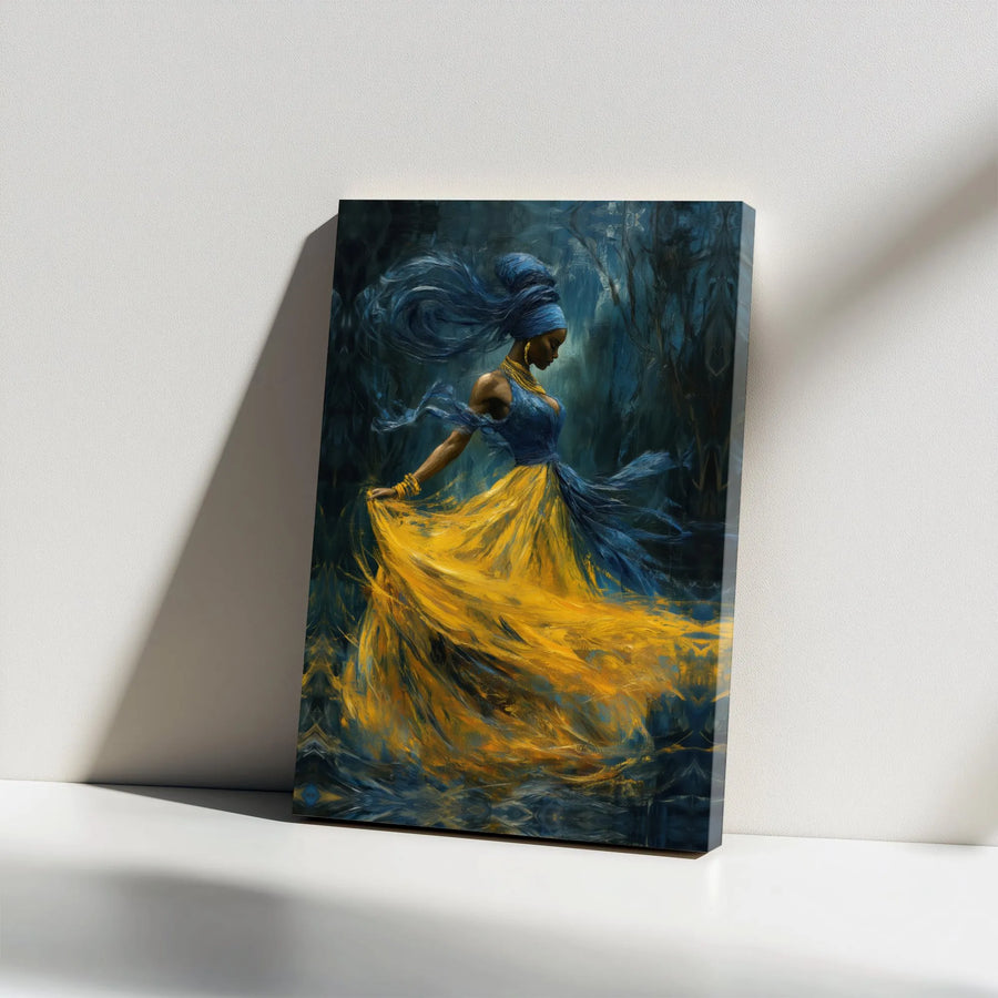African American Woman Canvas Art | Blue and Yellow Ukrainian Flag Dress Print | Premium 1.25" Gallery Wrap | Inspirational Home Decor Gift