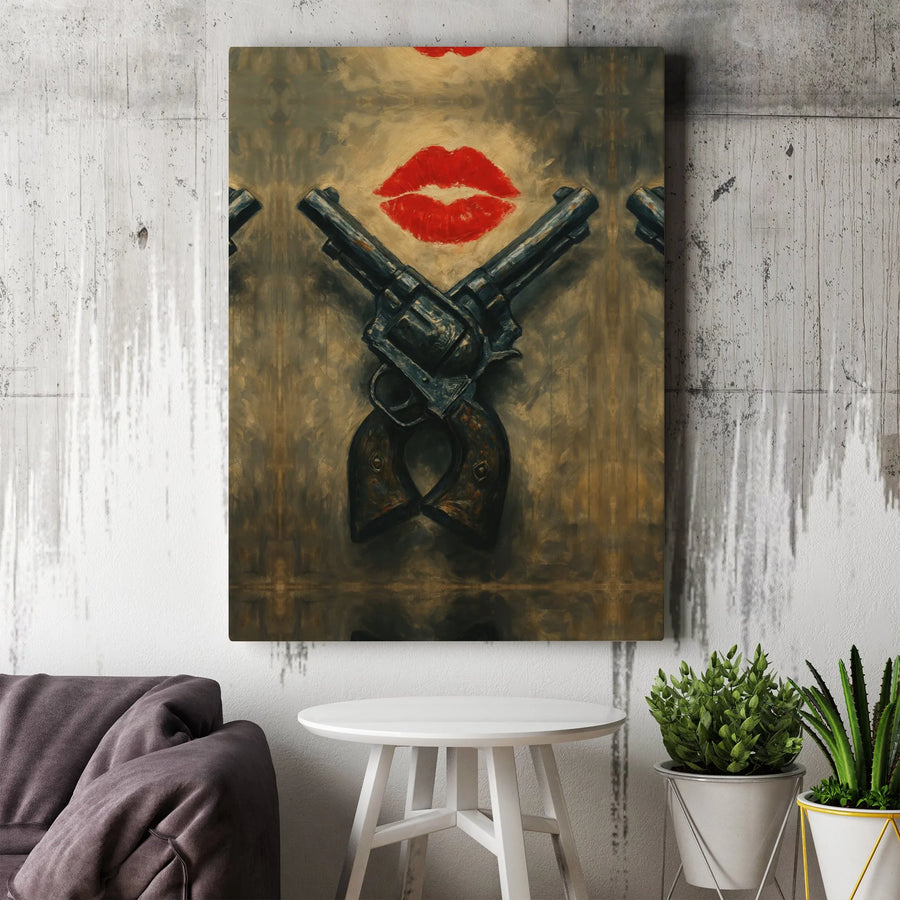 Crossed Revolvers and Red Lips Wall Art | Edgy Western Noir Print | Premium Gallery Wrap Canvas | Unique Home Decor Gift for Him or Her