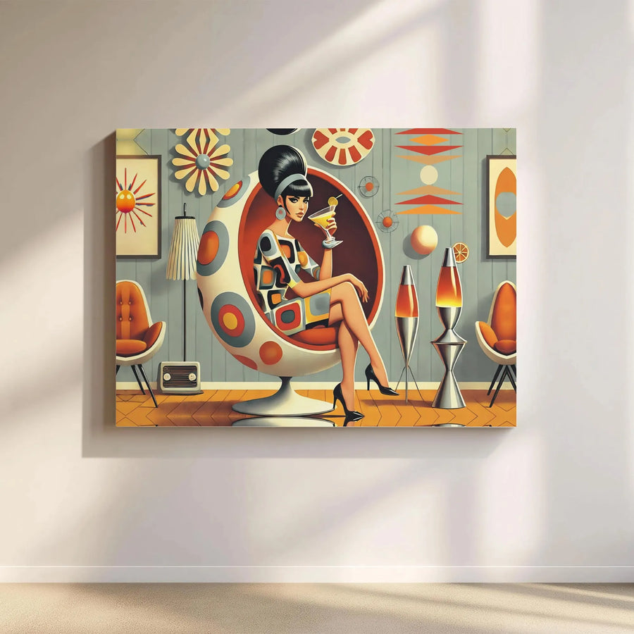 Mid-Century Modern Wall Art | Retro 1960s Woman Cocktail Lounge Print | Premium Gallery Wrapped Canvas | Vintage Style Home Decor Gift