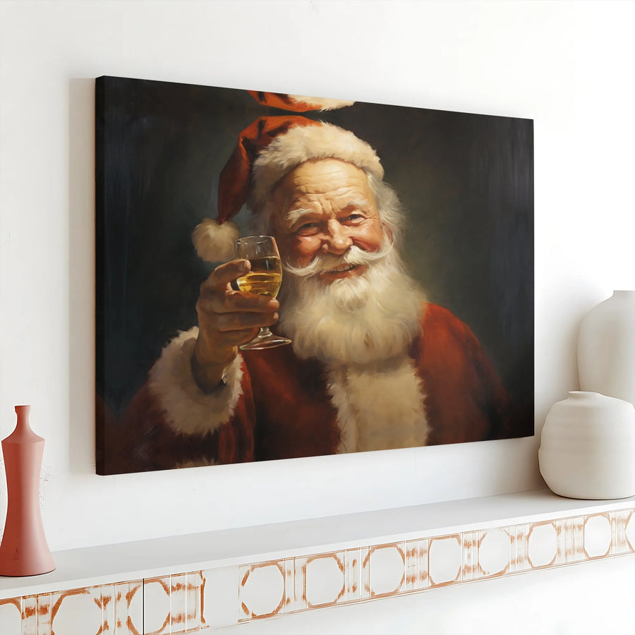 Santa Claus Toasting Canvas Wall Art | Vintage Oil Painting Style Portrait | Premium Gallery Wrap Decor | Festive Holiday Home Decor Gift