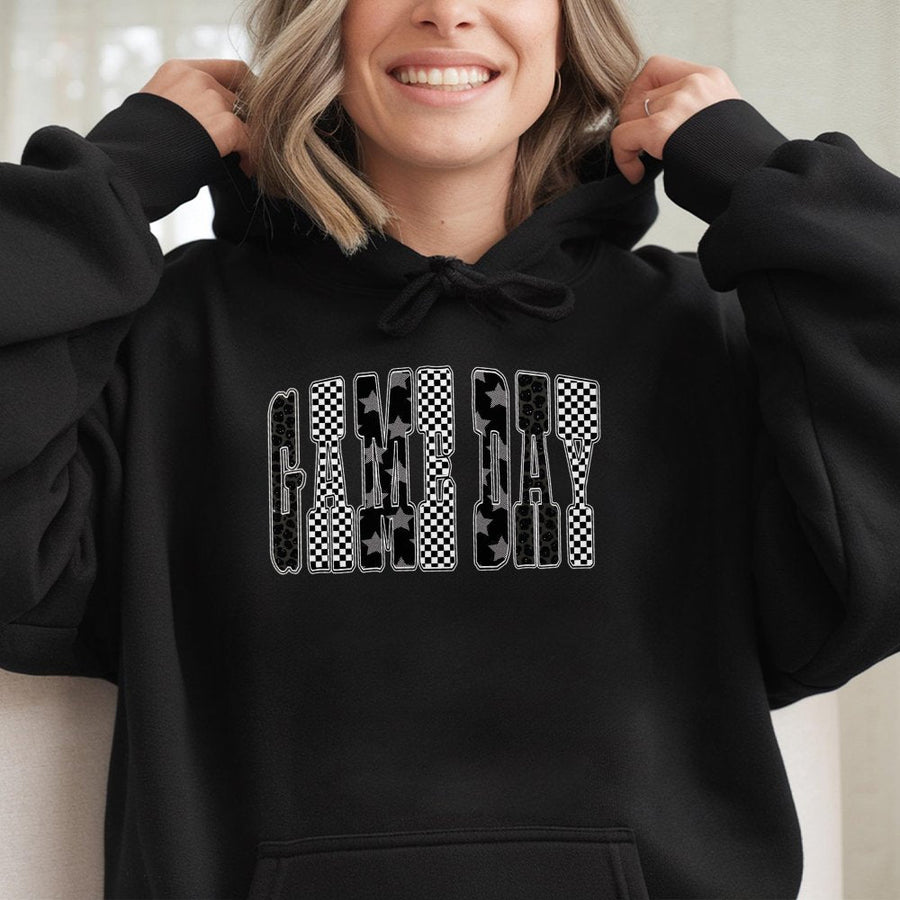 Game Day Hoodie | Checkered Star Graphic Print | Premium Cotton-Blend Sweatshirt | Football Fan Gift for Her & Him