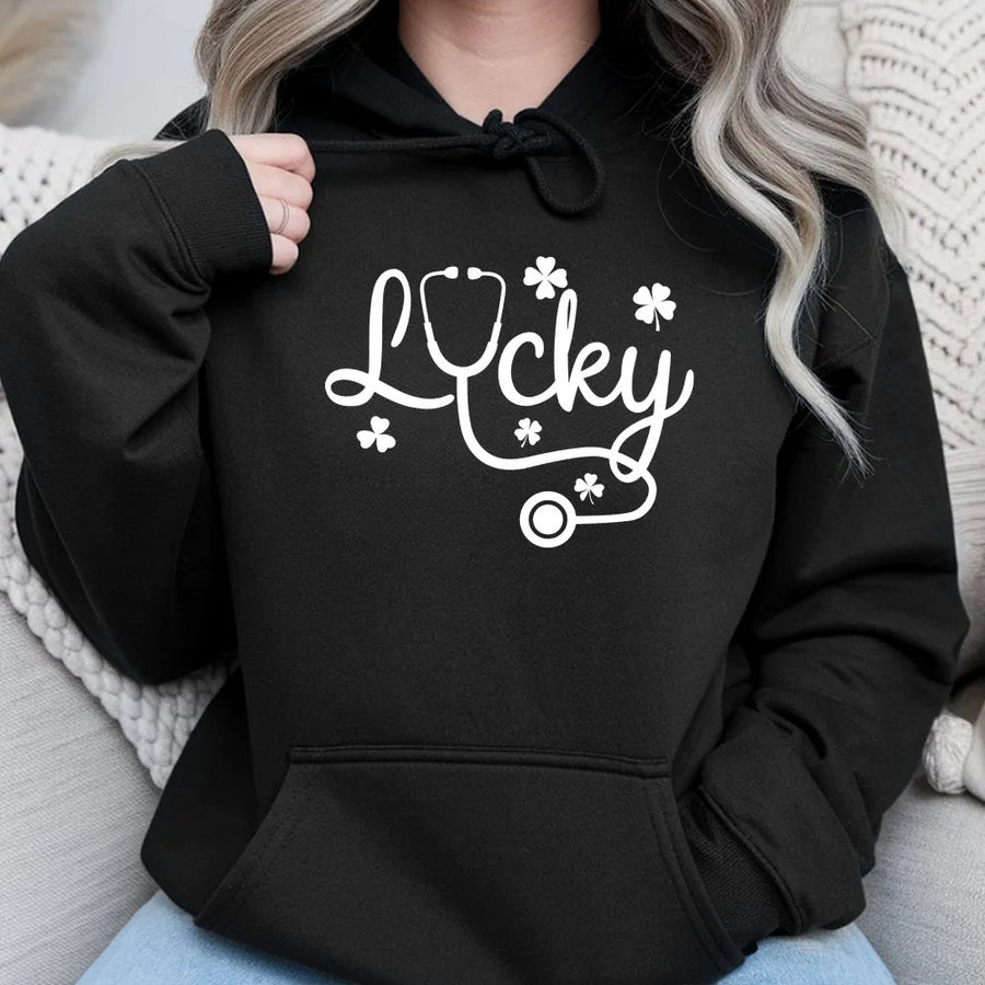 Lucky Nurse Hoodie | St Patricks Day Shamrock Stethoscope Design | Cotton-Poly Premium Blend | Gift for RN LPN Nursing Students