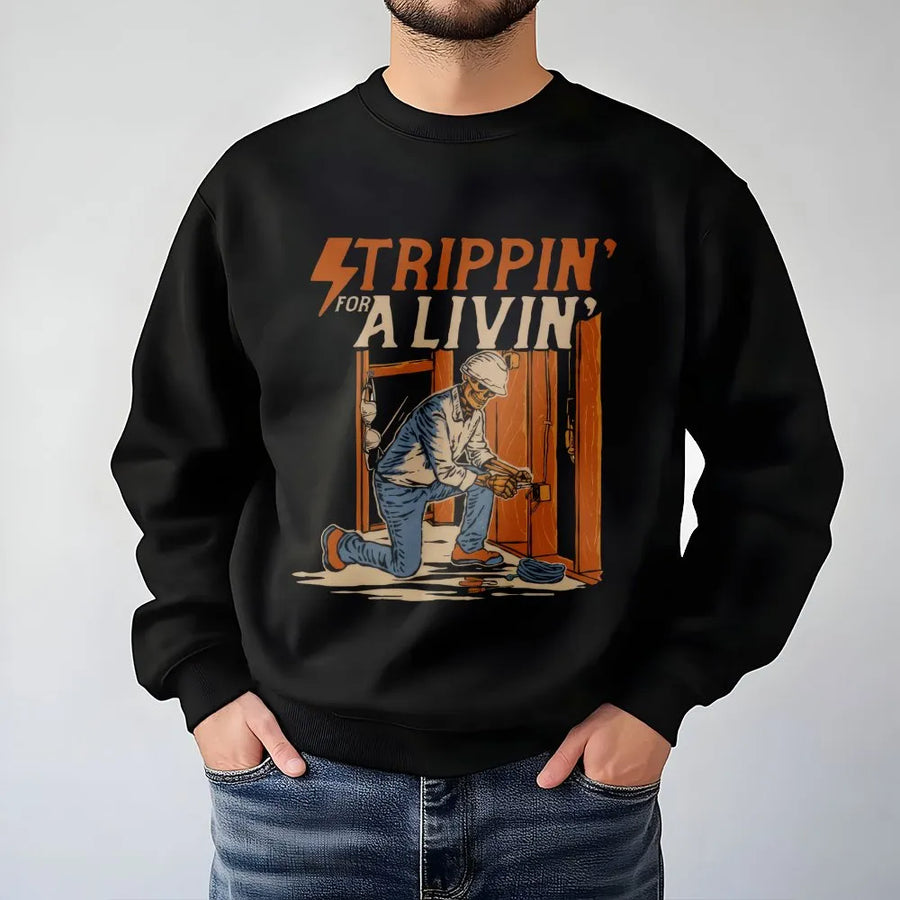 Electrician Sweatshirt | Strippin' For A Livin' Skeleton Graphic | Premium Cotton Blend Pullover | Funny Blue Collar Trade Job Gift For Him