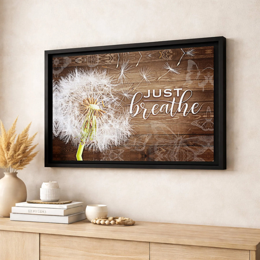 Just Breathe Dandelion Wall Art | Rustic Wood Background with Butterfly Print | Premium 1.25" Gallery Wrapped Canvas | Calming Decor Gift