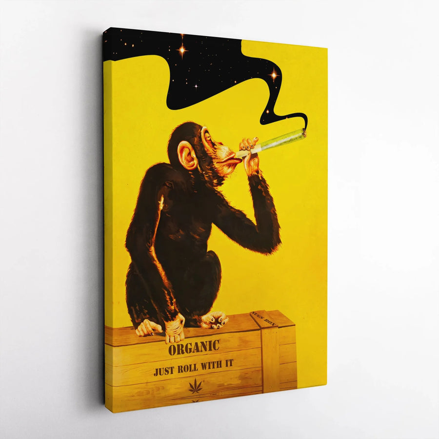 Smoking Chimp Canvas Art | Psychedelic Stoner Art Print with Galaxy Smoke | Premium Canvas | Unique Gift for Man Cave or Dorm Decor
