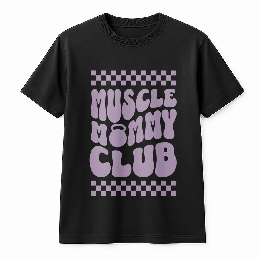 Muscle Mommy Club T-Shirt | Retro Checkered Gym Pump Cover | Premium Soft Cotton Graphic Tee | Funny Fitness Gift for Women Who Lift