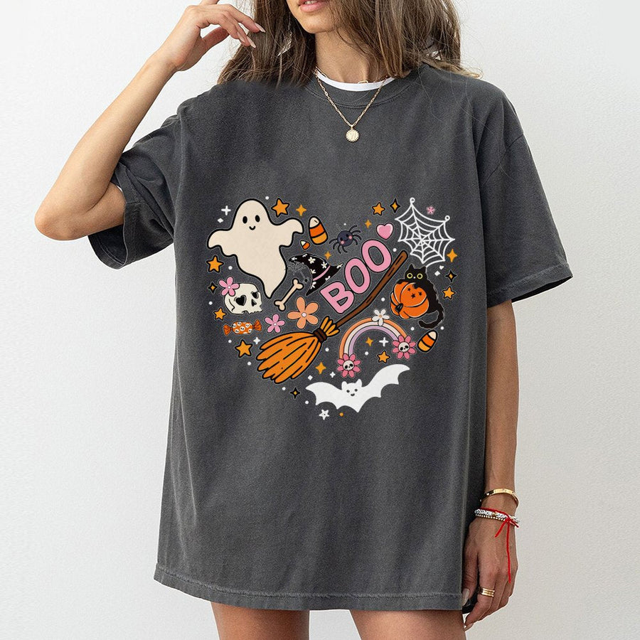 Halloween Heart Graphic T-Shirt | Spooky Ghost and Witch Hat Print | 100% Cotton Premium Tee | Cute Fall Festival Gift for Women and Girls