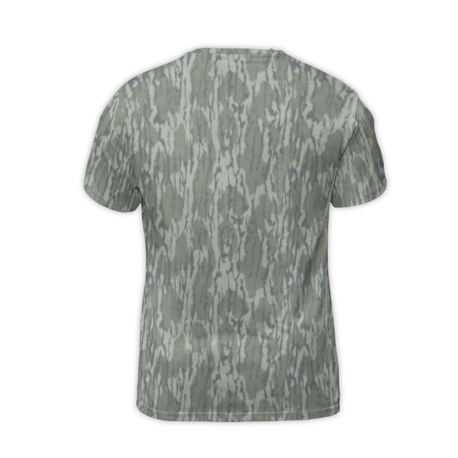 State Pink Script T-Shirt | All-Over Tree Bark Camo Pattern | Premium Stretchy Jersey Blend | Trendy Unisex Streetwear Gift for Outdoor Enthusiasts