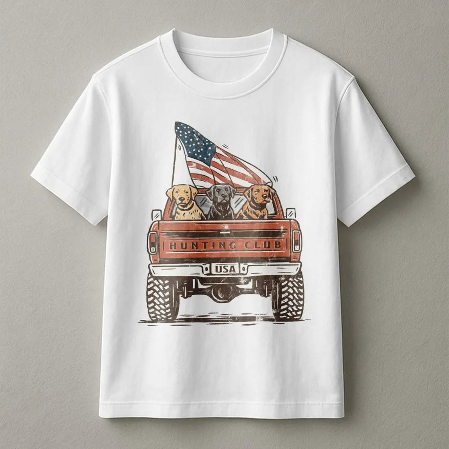 Patriotic Hunting Dogs T-Shirt | Vintage Truck with Labradors & US Flag | Soft Cotton Blend | Gift for Hunters and Dog Lovers