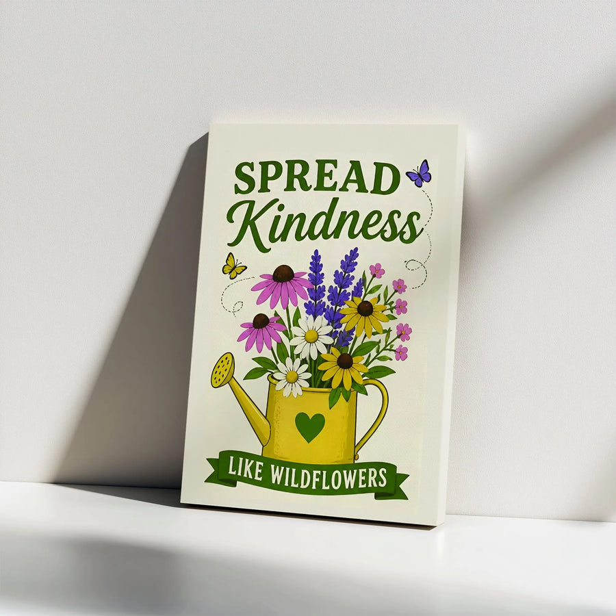 Spread Kindness Like Wildflowers Vertical Canvas | Cute Garden Watering Can Floral Illustration | Premium 1.25" Gallery Wrapped Wall Art | Inspirational Gift for Flower and Nature Lovers