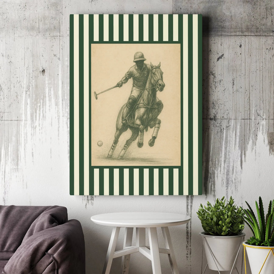 Polo Player Sketch Wall Art | Vintage Horse Racing Equestrian Print | Premium Gallery Wrapped Canvas | Equestrian Home Decor Gift