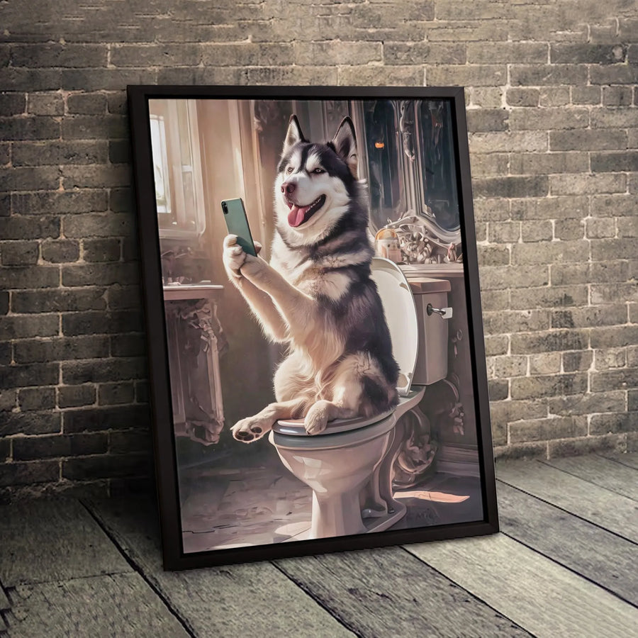 Siberian Husky Toilet Selfie Canvas Print | Funny Dog Bathroom Wall Art | Premium Gallery Wrapped Decor | Unique Pet Lover Gift