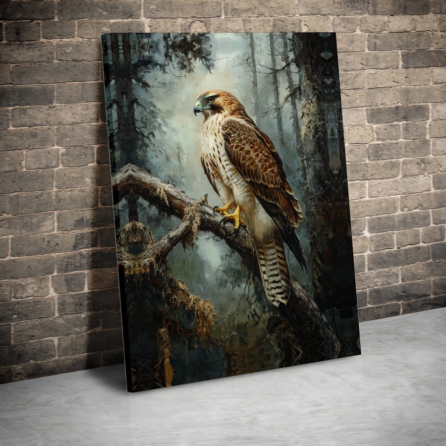 Hawk Canvas Wall Art | Majestic Forest Hawk Painting Print | Premium Gallery Wrapped Canvas | Nature Lover Gift & Rustic Cabin Decor